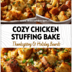 Golden baked chicken with stuffing casserole in a pan, a cozy winter Chicken And Stuffing Dish.